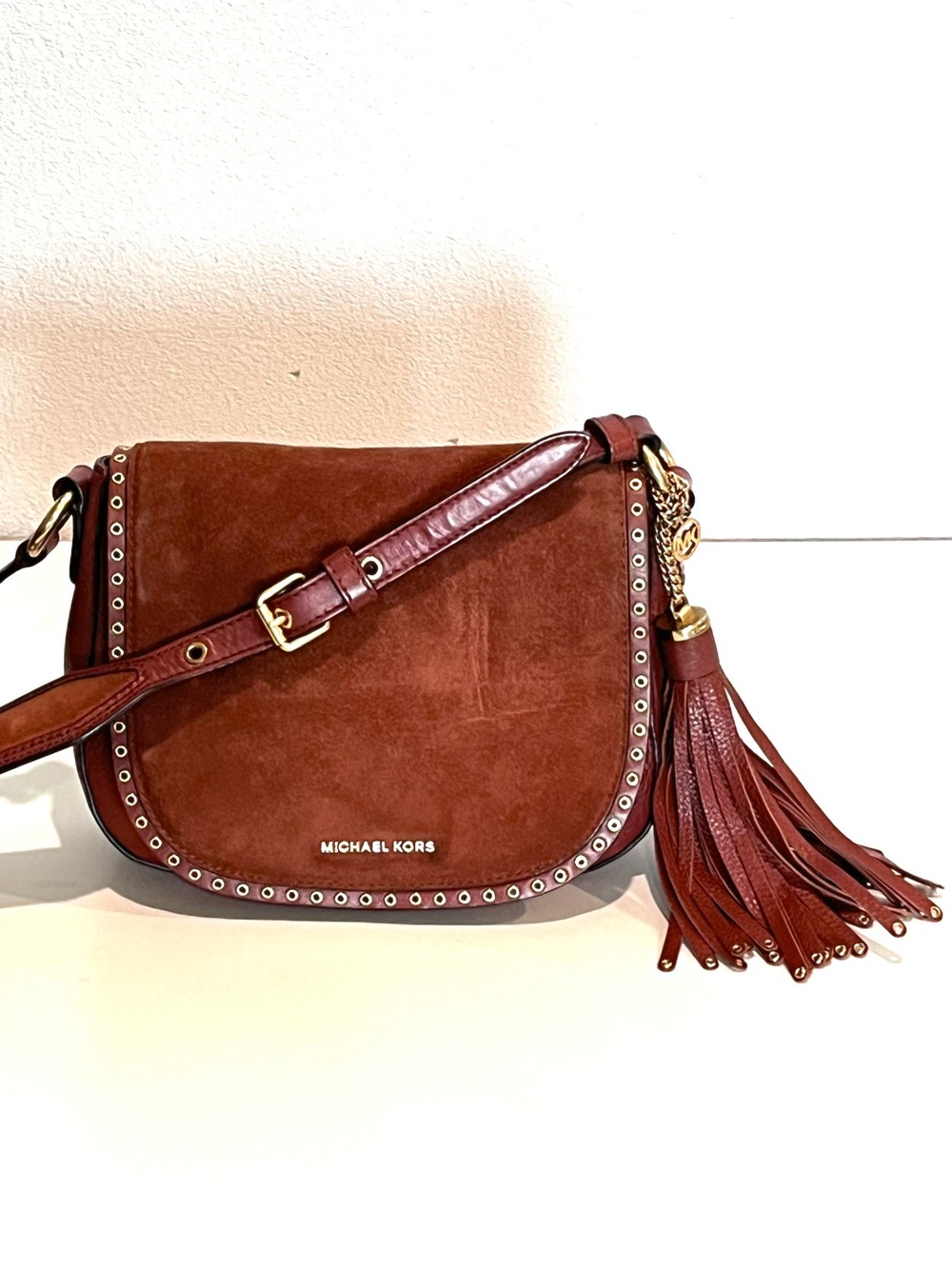 Michael Kors Brooklyn Medium Suede Leather Saddle Crossbody Bag Brown Gold